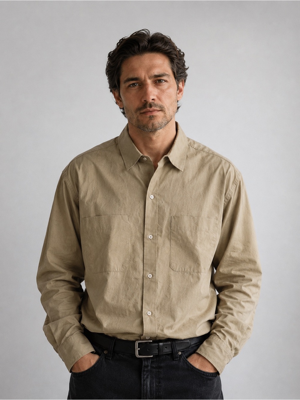 Casual Long-Sleeve Button Down Shirt in Khaki